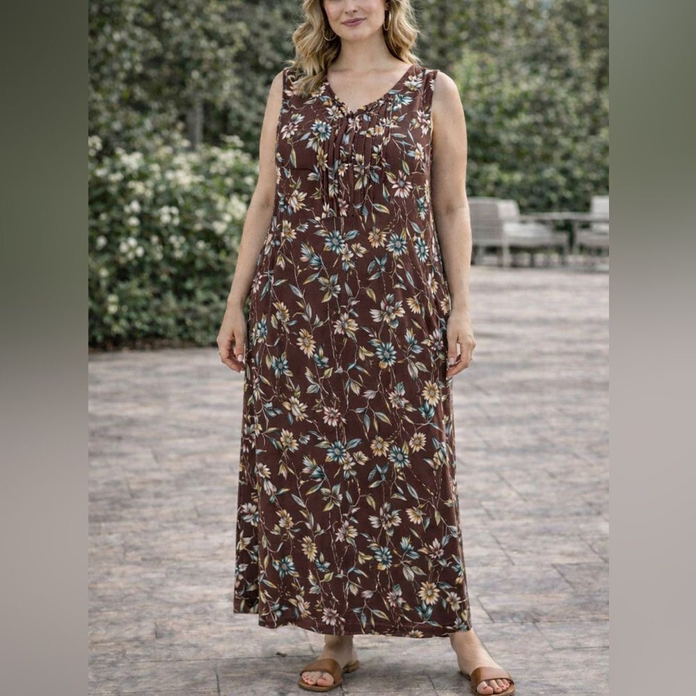 The Vermont Country Store Floral Maxi Dress Sleeveless Rayon Brown Size 3X
